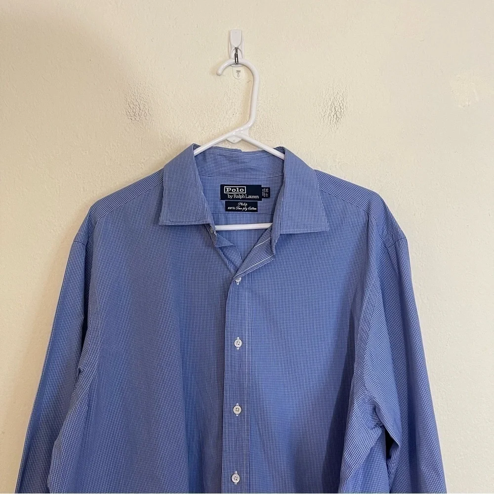 Polo Ralph Lauren Philip Two-Ply Cotton Men Button Down Shirt 17-35 Blue/White